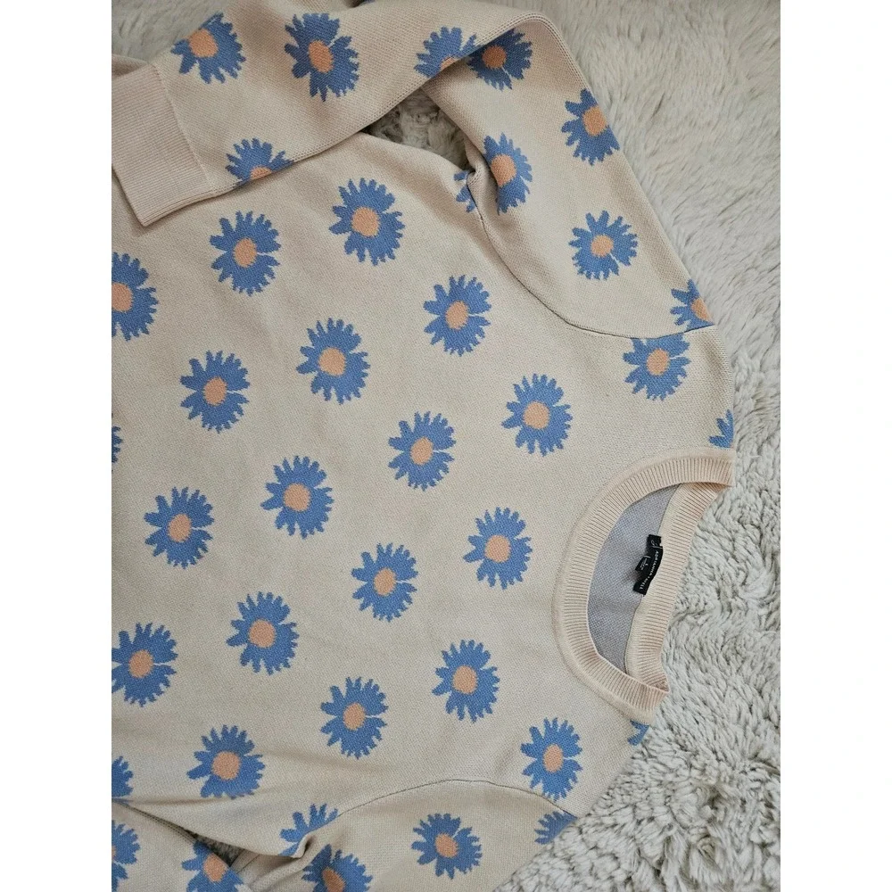 Adrianna Papell Daisy Floral Intarsia Knit Sweater Large Blue Cream